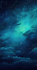 Wall Mural - Clouds and stars in the sky, dark cyan and dark aquamarine, celestialpunk, quiet contemplation, dreamlike quality Ai Generative