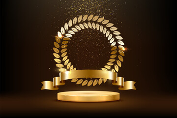 Wall Mural - Gold award round podium with circle laurel wreath, ribbon, shiny glitter and sparkles isolated on dark background. Vector golden symbol of victory, achievement, success, rewarding of winner