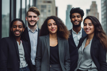 a diverse group of businesspeople poses for a professional team photo, exuding confidence and profes