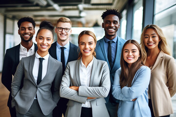 A diverse group of businesspeople poses for a professional team photo, exuding confidence and professionalism, while looking smart and impeccable. Generative AI.