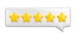 © Volodymyr - Comment message bubble review icon isolated. Cartoon yellow five stars concept of rate or feedback. 3d rendering.