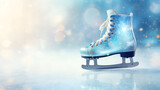 A single shiny blue ice skate on light blue bokeh background. Blue glittering ice skates banner with copy space for text. Winter sports and activity concept, figure ice skating background. AI