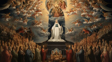 A Visually Elaborate Image Of The Coronation Of Mary, With Her Crowned As Queen Of Heaven, Surrounded By Angels And Saints Generative AI
