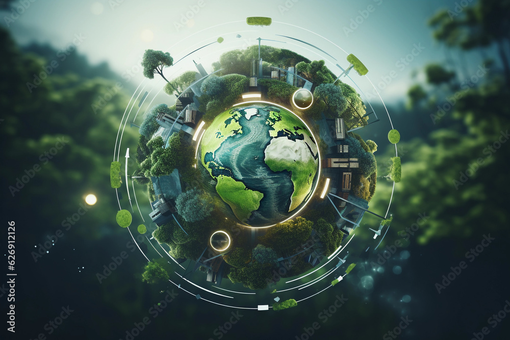 Green Earth showcasing Environmental Technology and Sustainable Development Goals (SDGs). Image depicts concept of environmental sustainability and nature preservation with prominent environment icons