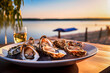 © Concept Photo Studio - Assiette d'huitres sur glace posée sur une table face à la mer - Générative iA