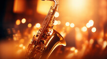 Close - Up Of Saxophone Keys Being Played, Dynamic Movement, Golden Brass Reflecting Stage Lights, Jazz Club Atmosphere, Warm Tones, Impressionist Style