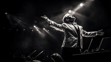 Orchestra Conductor In Action, Seen From The Orchestra's Perspective, Baton Raised Mid - Motion, Dramatic Spotlight, Black And White, High Contrast, Expressive