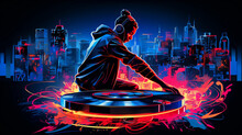 Dynamic Shot Of A Hip Hop DJ Scratching On A Turntable, Vibrant Neon Light Illuminating The Spinning Vinyl Record, City Skyline In The Background, Energetic, Graffiti Art Style