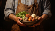 Oil Painting, Farmer Hands Holding A Bowl Full Of Organic Vegetables, Soft Diffused Sunlight, Rich Textures And Details, Earth Tones, Rustic And Warm Feeling