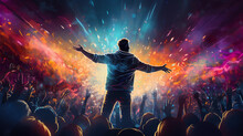 Pop Singer On Stage, Spotlights, High Energy, Vibrant Colors, Dynamic Motion Blur, Crowd In The Background, Festival Vibe, Larger Than Life, Fantasy Art Style
