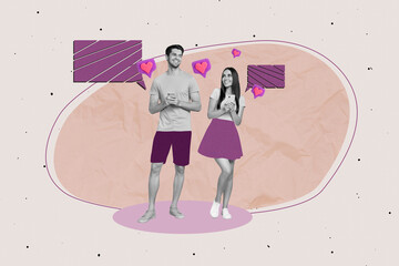 Aufkleber - Poster collage artwork of two popular bloggers texting typing sms chatting messengers romantic feelings isolated on painted background