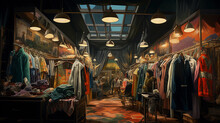 Surreal, Dreamlike Depiction Of A Second - Hand Clothing Store, Rich In Color, Hyper - Realistic Textures, Energetic Shoppers, Framed In A Cubist Perspective, Atmospheric Vintage Lighting