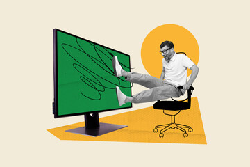 Aufkleber - Composite abstract photo collage of positive man sit in armchair look at monitor making bet isolated on creative drawing background