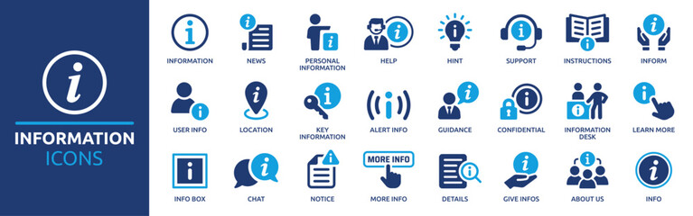 information icon set. containing info, help, inform, support, news, about us, instructions and notic