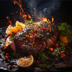 Wall Mural - A fiery grilled steak being flipped mid-air, with flames and sparks erupting around it. AI Generated Image