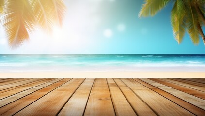 Wooden deck background with beach  palm trees  and sunshine  tropical paradise