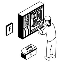 Person Working on Circuit breaker in switch box isometric Concept, Safety switch problems vector icon design, Electrical engineer symbol, Wiring specialist Sign, maintenance technician tools stock