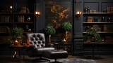 Fototapeta Las - Modern interior design for home, office, interior details, upholstered furniture against the background of a dark classic wall. AI Generative