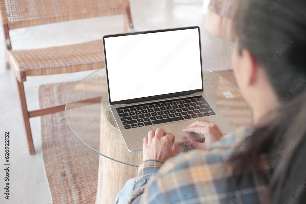 computer screen blank mockup.hand woman work using laptop with white ...