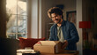 © Keitma - Man unboxing a package received from an e-commerce platform, surprise and joy on his face, living room setting, casual, warm and cozy