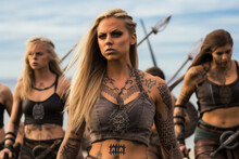 Vikings Female Warriors Portrait With Ladies With Tattoos And Spires Weapons