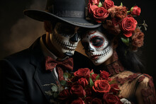 Portrait Of Couple Dressed As Catrina, Skull To Honor The Dead In Mexico. Dressed With White Face, Black Eyes And A Bouquet Of Red Roses