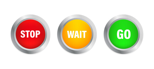 Poster - Stop, Wait, Go Glossy Buttons. Access signs. Red, yellow and green colors, chrome silver borders. Vector illustration