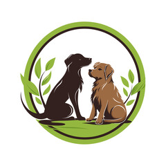 Illustration of a dog with around green leaf and circle, isolated on white background.