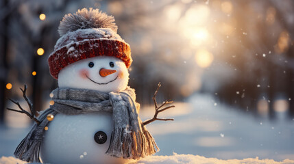 Wall Mural - Winter holiday christmas background banner with cute funny laughing snowman with wool hat and scarf, on snowy snow snowscape and bokeh light