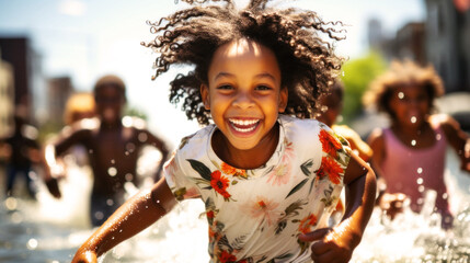 Wall Mural - On a sunny day, pool, diverse children gather, their laughter filling the air. United by friendship, they enjoy the sun, sand, and sea, showcasing pure joy, friendship knows no race. Generative AI