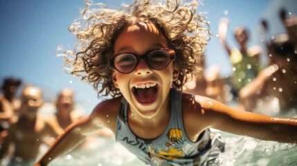 Wall Mural - On a sunny day, pool, diverse children gather, their laughter filling the air. United by friendship, they enjoy the sun, sand, and sea, showcasing pure joy, friendship knows no race. Generative AI