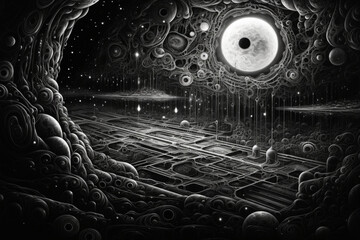 black and white cosmic abstract done with a pencil. generated by ai this illustration features sever