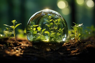 glass globe encircled by verdant forest flora, symbolizing nature, environment, sustainability, esg,