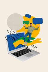Aufkleber - Vertical picture collage artwork illustration man user gadget netbook screen notification sms receive messages isolated on beige background