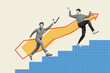 © deagreez - Collage of two young guys office workers running up climbing stairs drawing arrow increase improve results isolated over drawn background