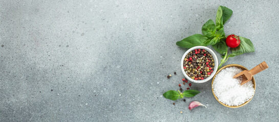 Wall Mural - peppercorns and sea salt on a dark background, Long banner format. top view