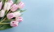 Wallpaper with pink tulips. Flower on blue background. For products display presentation. Created with generative AI tools