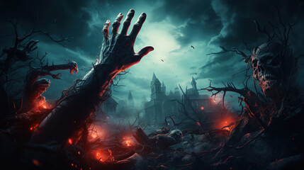 Halloween background with zombie hand coming out of the ground. Generative Ai