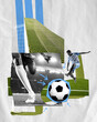 © master1305 - Creative design with young competitive man, professional football, soccer player in motion during match. Contemporary art collage. Concept of sport, betting, gambling, competition. Banner, poster, ad