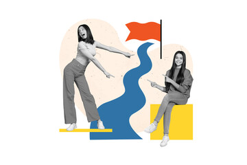 Aufkleber - Creative drawing collage picture of active happy funny young female friends point way student college university high school finish flag