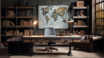 Wall Mural - Industrial-style home office with a reclaimed wood desk Design, a metal bookshelf, AI Generated