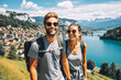 Multiethnic couple traveling in Switzerland in summer. Happy young travelers exploring together.