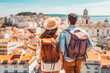 Multiethnic couple traveling in Portugal in summer. Happy young travelers exploring in city.