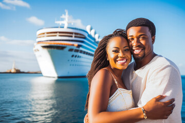 Wall Mural - African couple going on cruise in summer. Happy young travelers going on cruise together.