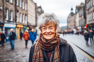 Woman traveling in Edinburgh. Happy older traveler exploring in city.