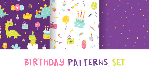 Wall Mural - birthday patterns set with cute dino and festive elements. dinosaur party seamless vector print coll