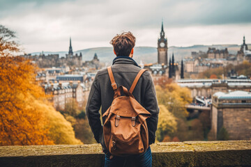 Man traveling in Edinburgh. Happy young traveler exploring in city.