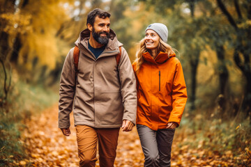 Multiethnic taking a walk together in autumn. Happy young travelers exploring in nature.