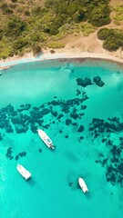 Wall Mural - Aerial vertical shot of Luxury yachts in Akvaryum koyu lagoon in Bodrum Turkey