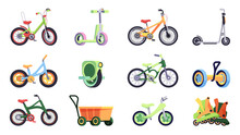 Transport For Children. Cartoon Kids And Teen Bicycle Scooter, Colorful Toddlers Skate, Three Wheels Bike, Rollers. Vector Isolated Set. Healthy Equipment For Sport And Recreation, Vehicles
